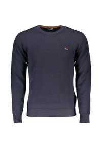 Maglione blu navy lavorato a maglia con motivo testurizzato, scollo rotondo, polsini e orlo a coste, con un piccolo logo color cuoio sul petto.