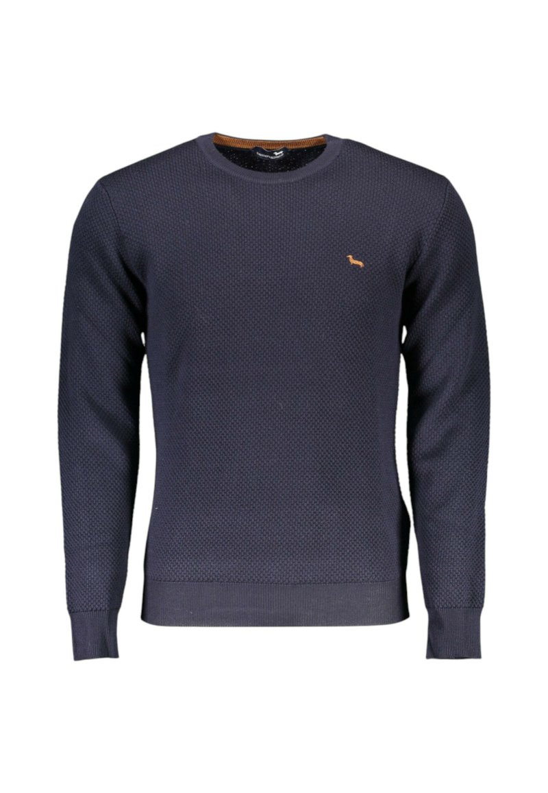 Maglione blu navy lavorato a maglia con motivo testurizzato, scollo rotondo, polsini e orlo a coste, con un piccolo logo color cuoio sul petto.