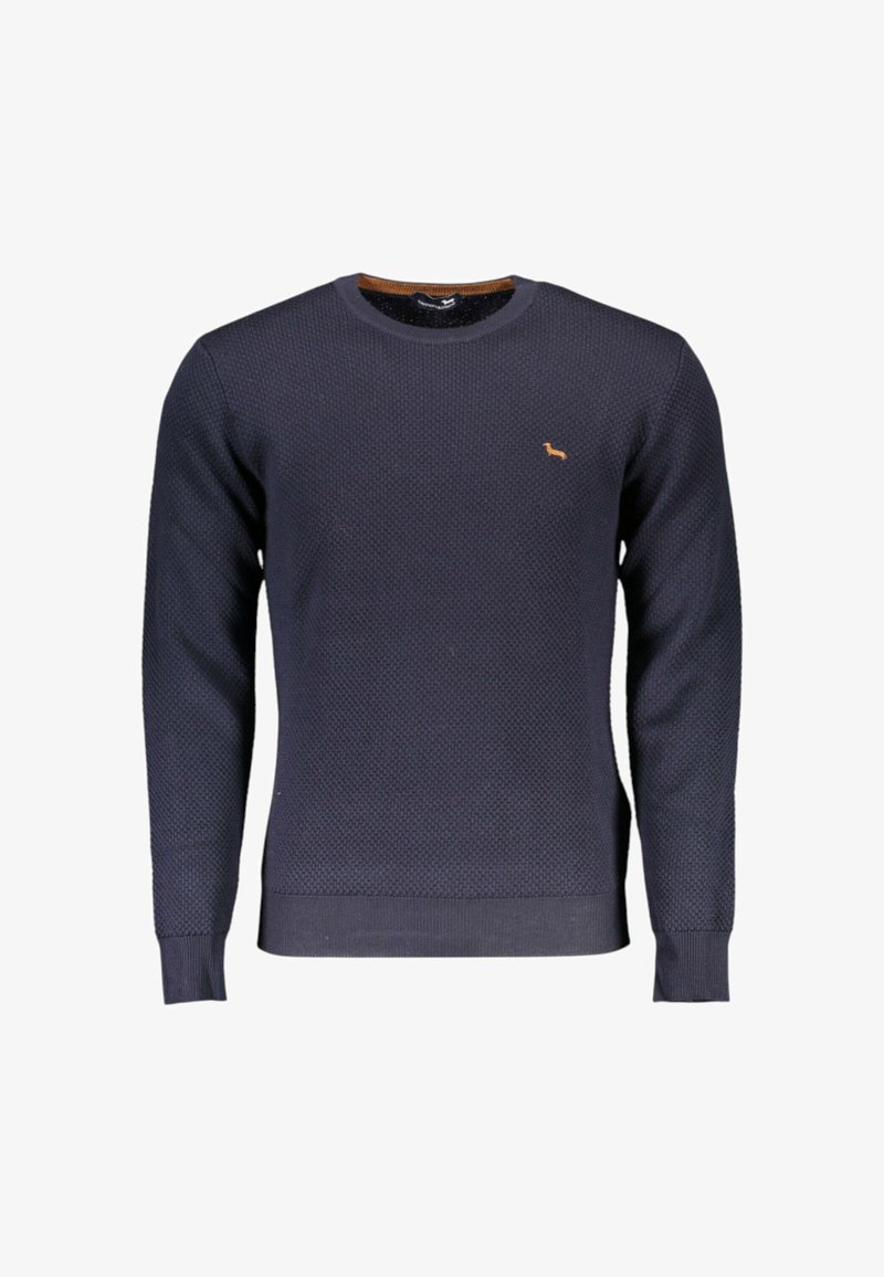 Maglione blu navy lavorato a maglia con motivo testurizzato, scollo rotondo, polsini e orlo a coste, con un piccolo logo color cuoio sul petto.