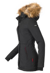 Black jacket with a fur-lined hood, zip-front, and two red-accented side pockets. Features ribbed cuffs and a sleek, tapered design.