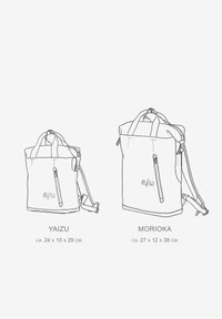 Zwei umrandete Rucksäcke: Yaizu (24x10x29 cm) verfügt über einen Reißverschluss und Traggriffe; Morioka (27x12x38 cm) hat verstellbare Schultergurte und einen Reißverschluss.