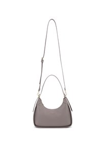 Hobo-Handtasche aus hellgrauem Leder. Verfügt über einen einzelnen Schultergurt und einen Reißverschluss, mit dezenten goldenen Hardware-Akzenten.