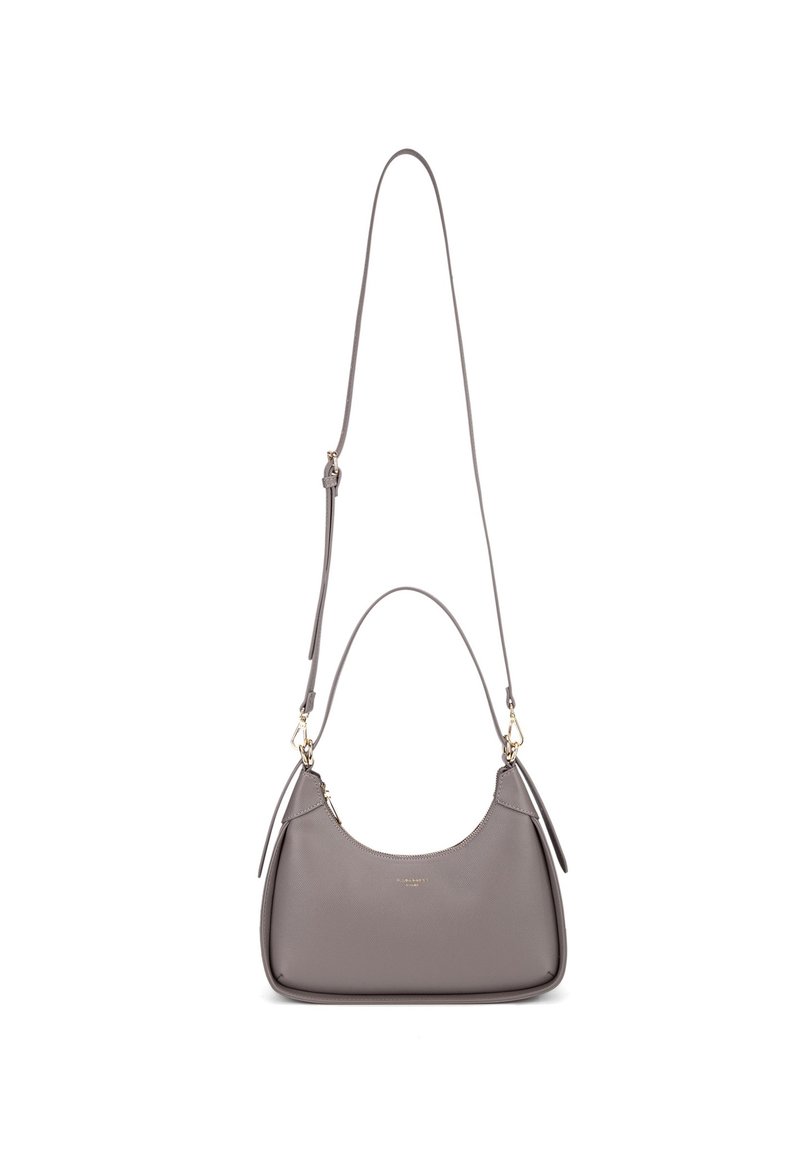 Hobo-Handtasche aus hellgrauem Leder. Verfügt über einen einzelnen Schultergurt und einen Reißverschluss, mit dezenten goldenen Hardware-Akzenten.
