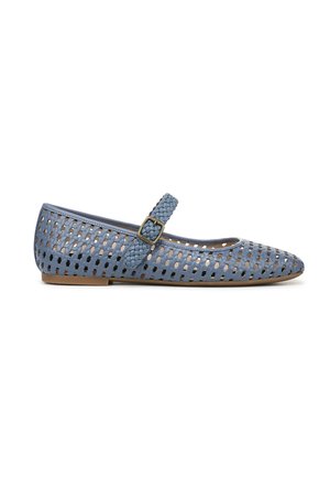 Blue leather ballet flat with cut-out design, pointed toe, and a woven strap featuring a buckle. Smooth texture and low heel.