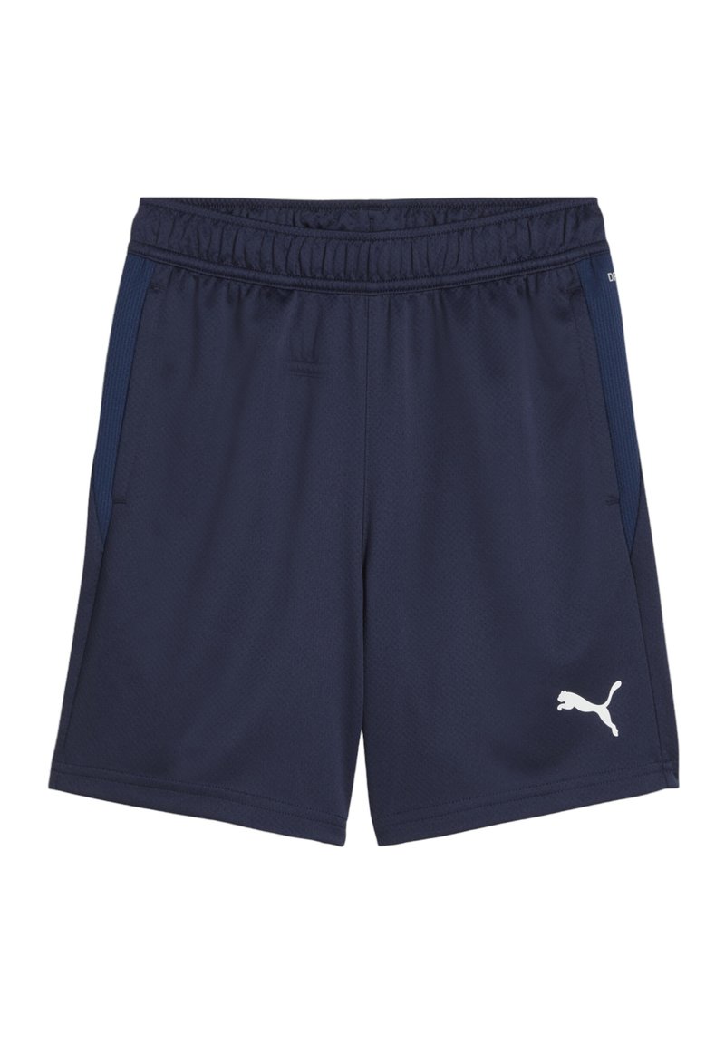 Marineblauwe sportshorts met een elastische tailleband, zijzakken en een getextureerde stof. Witte Puma-logo op het linkerbeen.