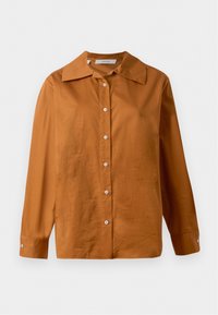 Langærmet, knap-op skjorte i rustbrun med bred krave og hvide knapper, præsenteret mod en hvid baggrund.