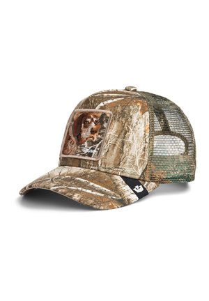 Camouflage-Baseballkappe mit Netzrückseite und Aufnäher, der ein braunes Hundegesicht und das Wort "GOLMAP" auf der Vorderseite zeigt.