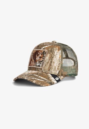 Camouflage baseball cap with mesh back and patch showing a brown dog face and the word "GOLMAP" on the front.