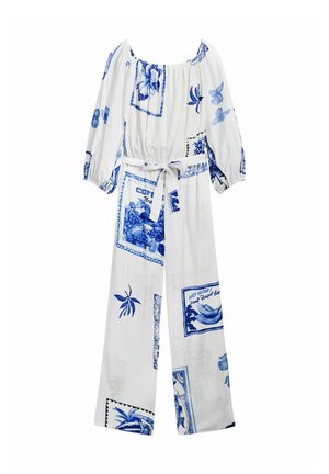 White jumpsuit with blue floral and postcard patterns, featuring long puff sleeves, a fitted waist, and a tied belt detail. Soft fabric texture.