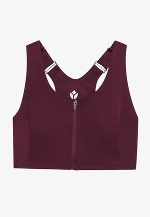 Μπορντό αθλητικό σουτιέν με φερμουάρ μπροστά, φαρδιές ράντες και ρυθμιζόμενη πλάτη. Φτιαγμένο από λείο, ελαστικό ύφασμα με λεπτομέρεια λογοτύπου.