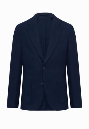Einreihiger dunkelblauer Blazer mit Kerbkragen, zwei Knöpfen und drei vorderen Taschen vor weißem Hintergrund.