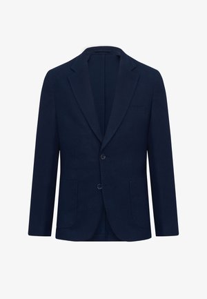 Einreihiger dunkelblauer Blazer mit Kerbkragen, zwei Knöpfen und drei vorderen Taschen vor weißem Hintergrund.