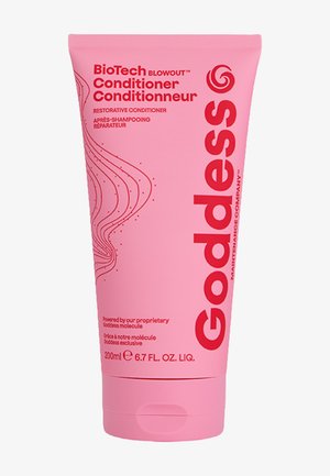 Tubetto rosa di balsamo ristrutturante Goddess BioTech Blowout, 200 ml, con testo rosso e design astratto a onde sulla parte frontale.