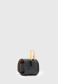 Black leather key holder with a gold metal clasp, designed for attachment to belts or bags, shown against a plain white background.