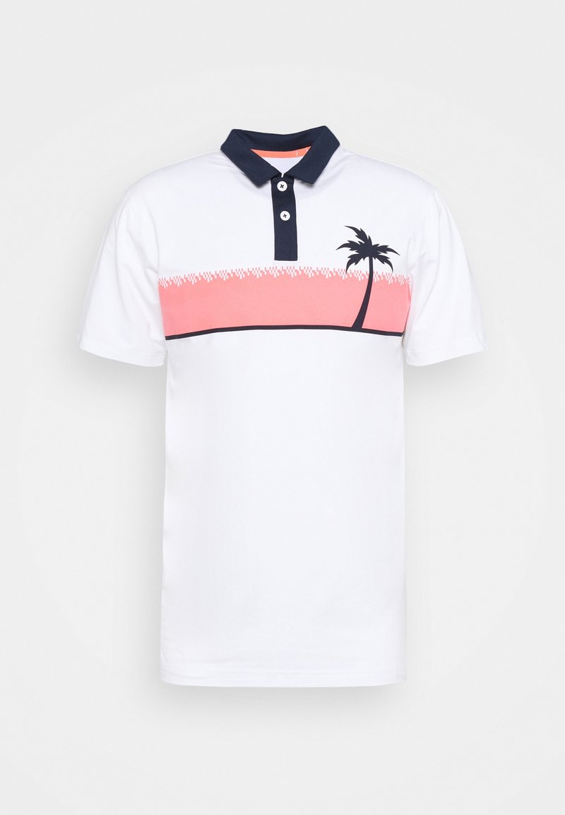 Polo blanc avec col bleu marine et deux boutons, présentant une bande horizontale rose et un motif de palmier noir. Matière en coton.