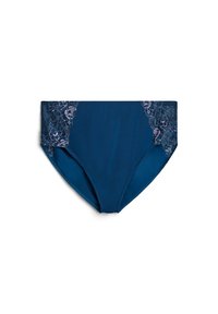 Dark teal brief with floral lace accents in a lighter shade on the sides, made of smooth fabric, featuring a high-waisted design.