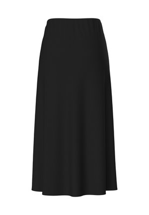 Longue jupe noire à taille haute et à l’ourlet légèrement évasé, présentée sur un fond blanc.