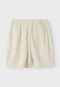 Beiga linneshorts med elastisk midja, utrustade med en enda bakficka och en slät, något texturerad yta.