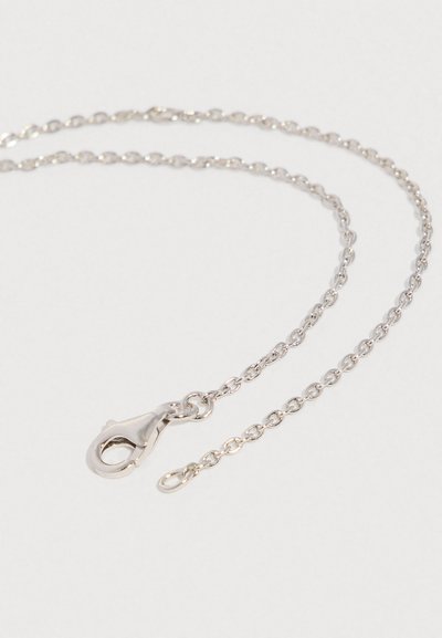 Ασημένιο κολιέ αλυσίδας με κούμπωμα αστακού τοποθετημένο σε ανοιχτό φόντο, εμφανίζοντας καθαρά το κούμπωμα και τους κρίκους της αλυσίδας.