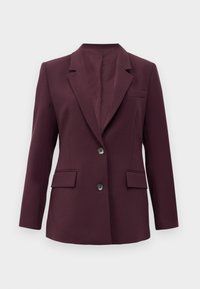 Mørk plomme skreddersydd blazer med to frontknapper, klaffelommer og en brystlomme, vist mot en hvit bakgrunn.