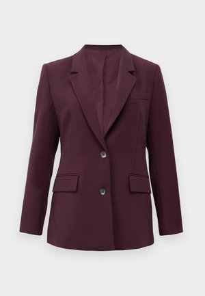 Temno slivast žakets s dvema sprednjima gumboma, žepoma z zavihki in žepom na prsih, prikazan proti beli podlagi.