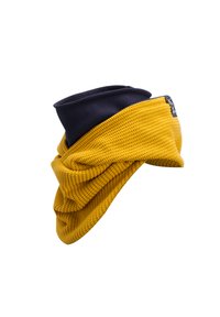 Knitted cap in mustard yellow with textured weave; features a dark blue cuff and a logo tag. Rounded shape with layered fabric design.