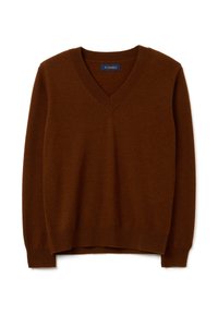 Pull en V marron en tissu doux avec des poignets et un ourlet côtelés, affichant un design épuré et une coupe décontractée. Étiquette de marque visible à l'intérieur.