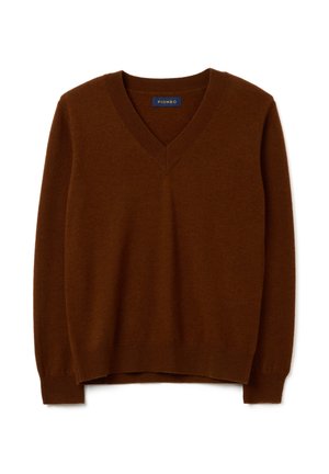 Maglione marrone a scollo a V realizzato in tessuto morbido, con polsini e orlo a costine, caratterizzato da un design pulito e una vestibilità comoda. Etichetta del marchio visibile all'interno.