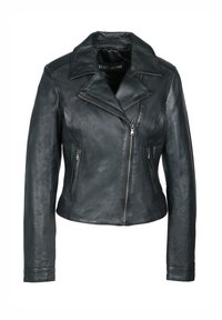 Černá kožená motocyklová bunda s fitted designem, širokými klopami a dvěma zipovými kapsami. Hladký povrch a asymetrický přední zip.
