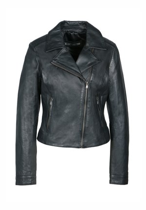 Veste de moto en cuir noir avec un design ajusté, des revers larges et deux poches zippées. Texture lisse et fermeture éclair asymétrique à l'avant.