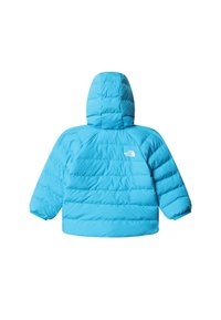 Sinine polsterdatud bomberjope kapuutsiga, millel on tikandiga muster, elastsed varrukaotsad ja North Face'i logo taga.