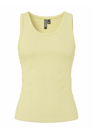 Maiou fără mâneci, cu model reiat, de culoare galben deschis, cu guler rotund și etichetă neagră cu brand în interiorul gâtului.