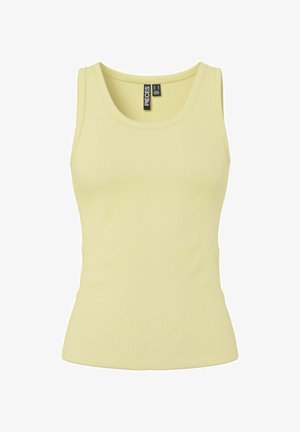 Mouwloos geribd hemdtopje in lichtgeel met een ronde hals en een zwart merklabel aan de binnenkant van de kraag.