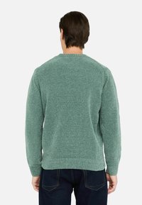 Maglione verde con texture, colletto rotondo e polsini a coste, caratterizzato da una vestibilità dritta e senza motivi visibili.