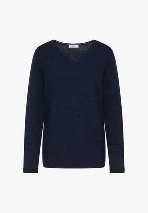 Marineblauer V-Ausschnitt-Pullover aus strukturiertem Strickmaterial; verfügt über lange Ärmel und eine lockere Passform, mit subtilen horizontalen Streifen.