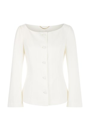 White fitted long-sleeve women's blazer with wide cuffs, round neckline, and five front buttons on a plain background.