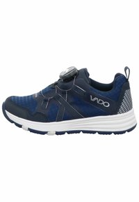 Scarpe da ginnastica blu navy con parte superiore in rete e sintetico, dotate di un design senza lacci, ghiera regolabile e suola in gomma bianca con trazione.