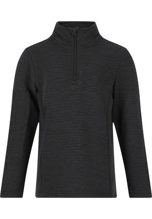 Pull-over noir à demi-fermeture éclair avec manches longues. Fabriqué en tissu texturé, il présente un col montant et une fermeture éclair au niveau du cou.