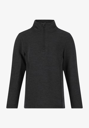 Schwarzer Pullover mit halbem Reißverschluss und langen Ärmeln. Hergestellt aus strukturiertem Stoff, mit hohem Kragen und Reißverschluss am Hals.