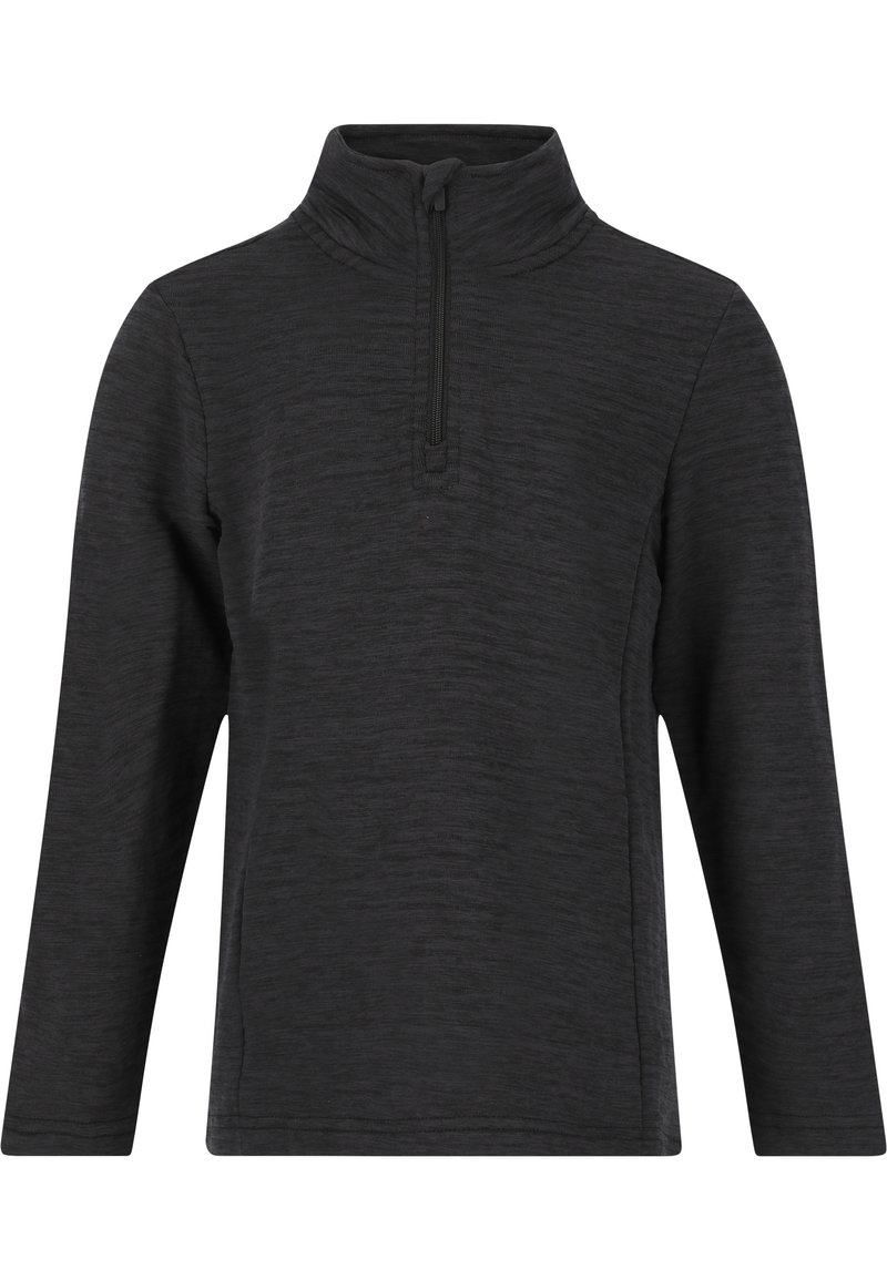 Schwarzer Pullover mit halbem Reißverschluss und langen Ärmeln. Hergestellt aus strukturiertem Stoff, mit hohem Kragen und Reißverschluss am Hals.