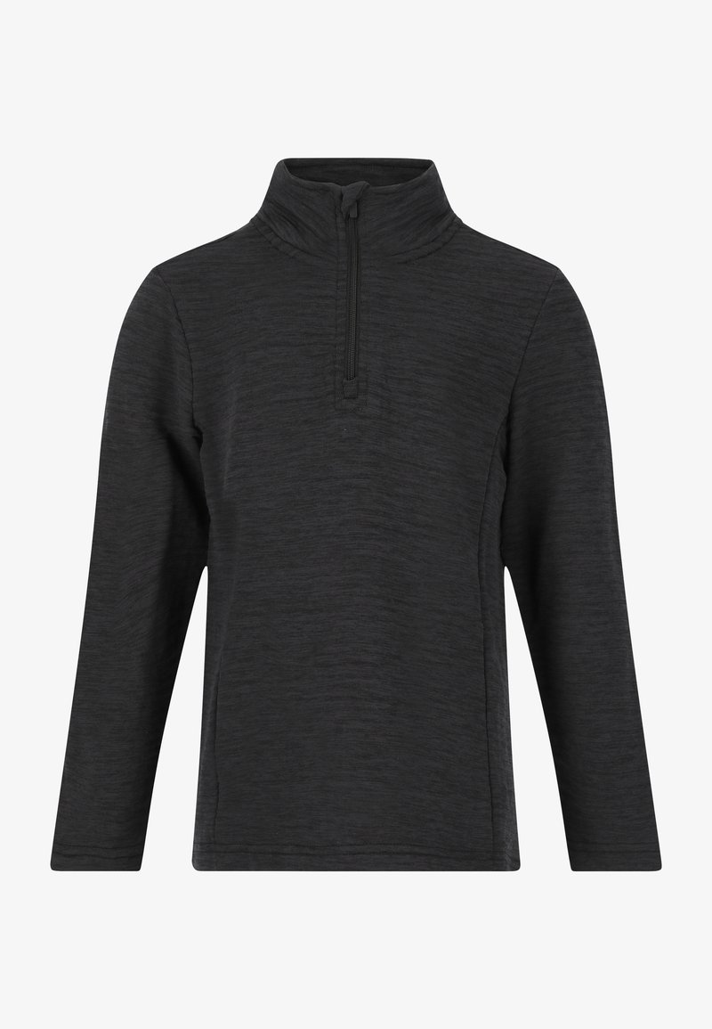 Schwarzer Pullover mit halbem Reißverschluss und langen Ärmeln. Hergestellt aus strukturiertem Stoff, mit hohem Kragen und Reißverschluss am Hals.