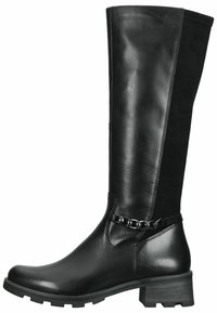 Botas negras hasta la rodilla que combinan cuero liso y ante, con un tacón grueso y un detalle de cadena alrededor del tobillo.