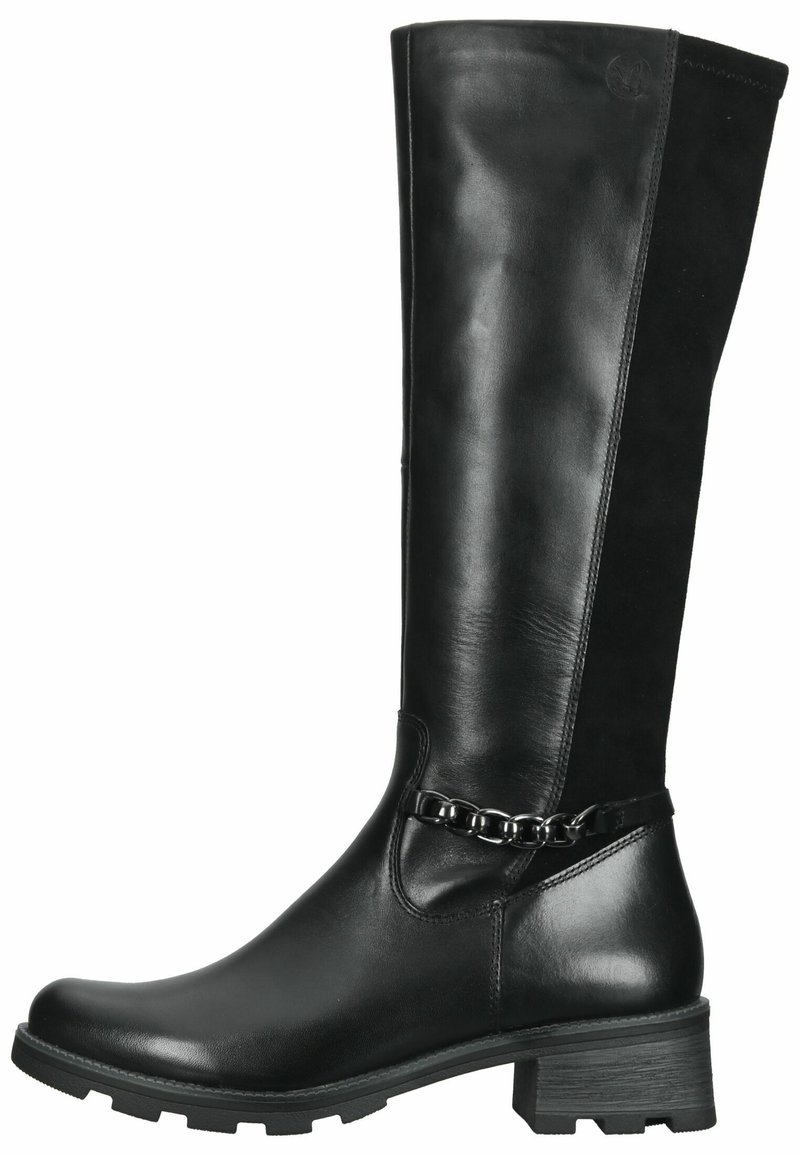 Botas negras hasta la rodilla que combinan cuero liso y ante, con un tacón grueso y un detalle de cadena alrededor del tobillo.