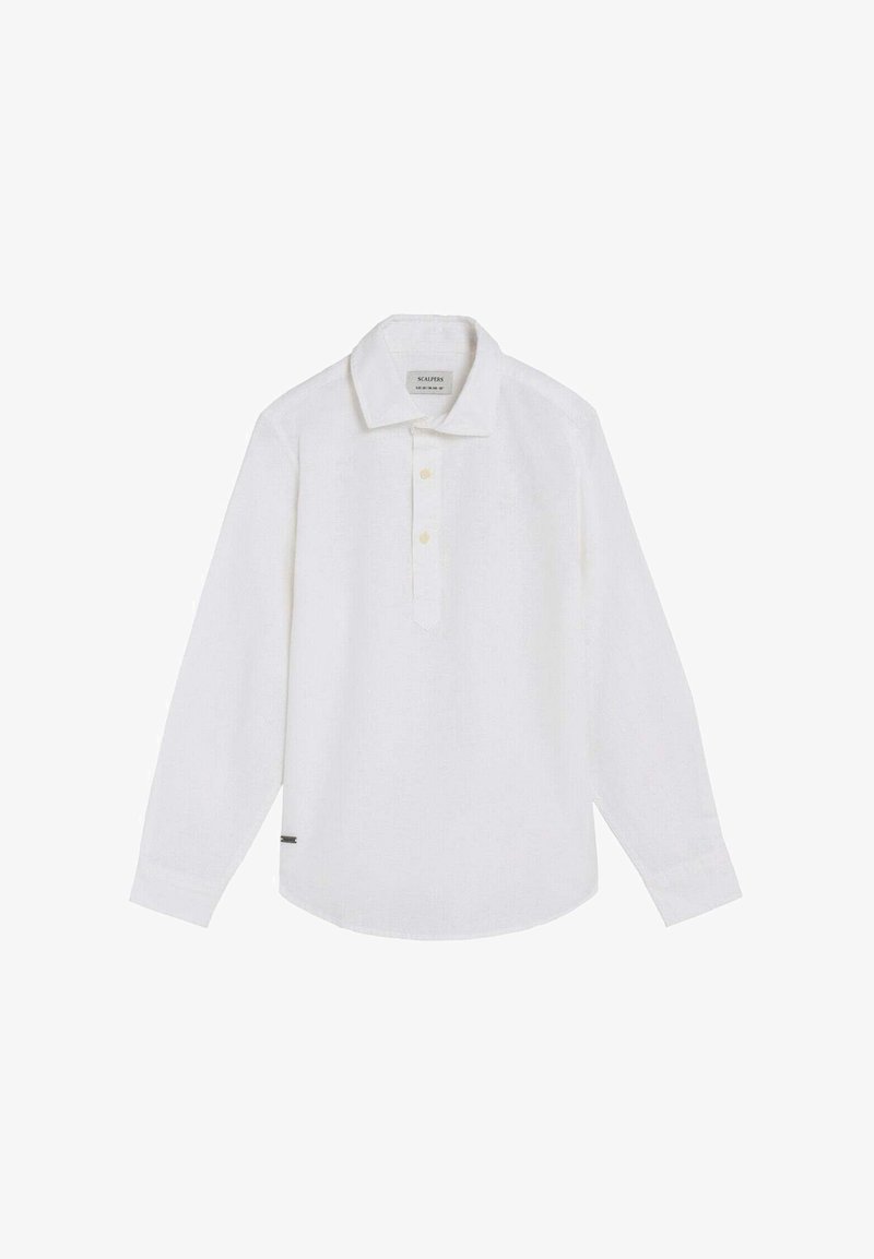 Polo blanc à manches longues avec col et trois boutons sur la patte de boutonnage, présenté à plat sur un fond blanc.