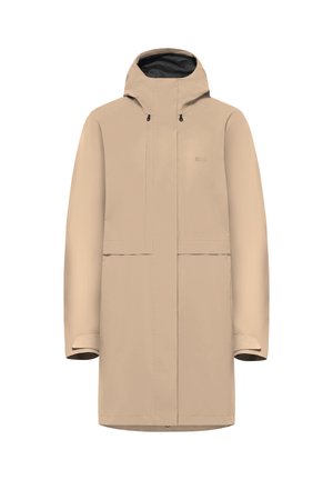 Beiger wasserdichter Parka mit Kapuze, langen Ärmeln und einem Frontreißverschluss, der von einer Sturmklappe bedeckt ist, für den Einsatz im Freien konzipiert.