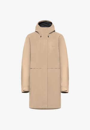 Parka imperméable beige avec capuche, manches longues et fermeture éclair avant recouverte d'un rabat coupe-vent, conçue pour un usage en extérieur.