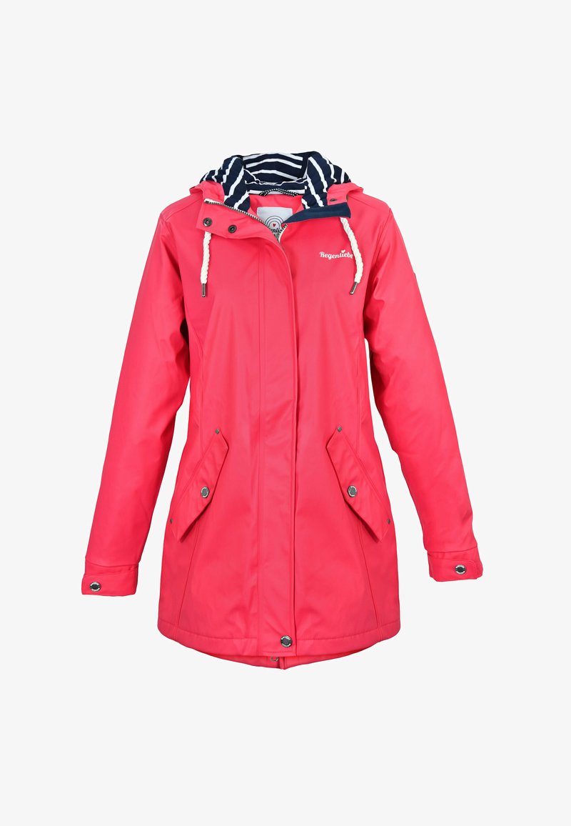Rote wasserdichte Jacke mit Kapuze, gestreiftem Futter, Druckknöpfen und Fronttaschen; glatte Textur und mittellanges Design.