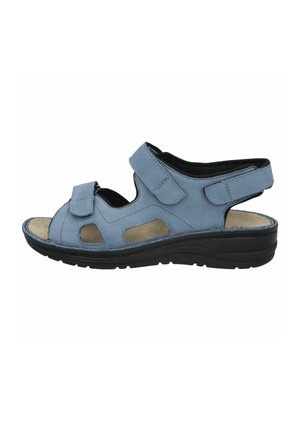 Blue open-toe sandal with adjustable Velcro straps, cushioned beige insole, and black supportive sole for comfort and stability.