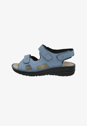 Blue open-toe sandal with adjustable Velcro straps, cushioned beige insole, and black supportive sole for comfort and stability.
