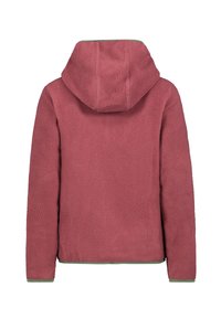 Fleece hoodie in zacht roze met een textuur oppervlak, voorzien van een groene bies langs de zoom en de manchetten, en een ronde capuchon aan de achterkant.
